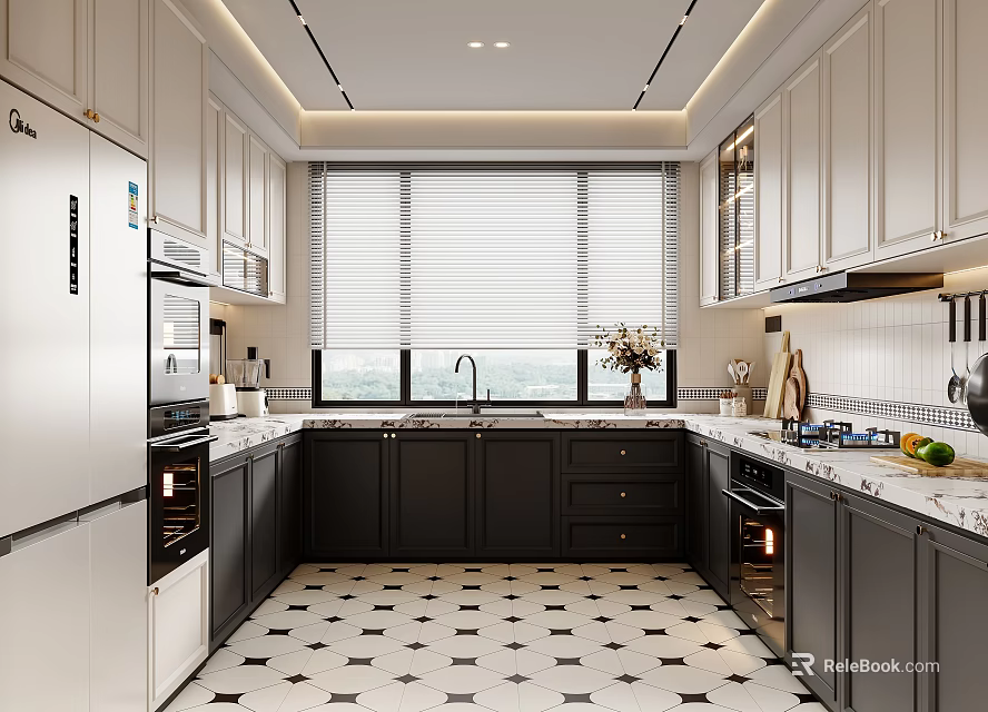 Modern Kitchen With Black And White Cabinets Checkered Tiles And Stainless Steel Appliances 3d model 