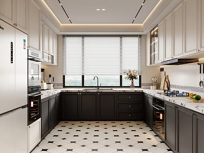 Modern Kitchen With Black And White Cabinets Checkered Tiles And Stainless Steel Appliances 3d model