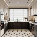 Modern Kitchen With Black And White Cabinets Checkered Tiles And Stainless Steel Appliances