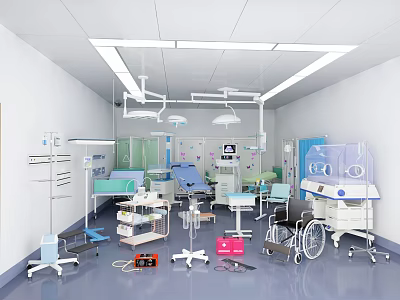 Medical Room Interior With Surgical Lights Hospital Bed Wheelchair And Equipment 3d model