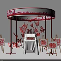 Chinese Paper Cutting Exhibition Booth With Red White City Skyline Butterfly Cutouts Easels And Table
