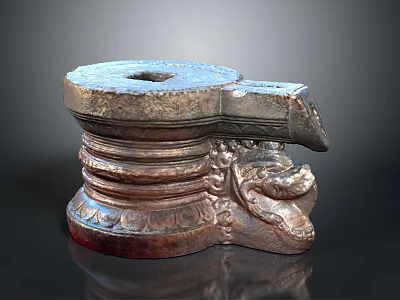 Ancient Carved Stone Architectural Component Featuring Intricate Patterns And Beast Head Design 3d model