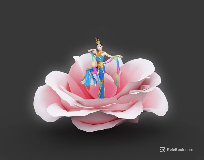 Pink Rose Stage With Elegant Traditional Dancer In Colorful Outfit And Graceful Pose 3d model 