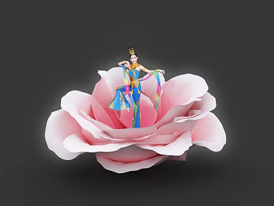 Pink Rose Stage With Elegant Traditional Dancer In Colorful Outfit And Graceful Pose 3d model