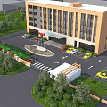 Modern Multi Storey Office Building With Landscaped Gardens Parking Lot And Flagged Entrance