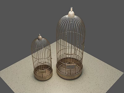 Two Metal Birdcages In Different Sizes On Light Colored Surface 3d model