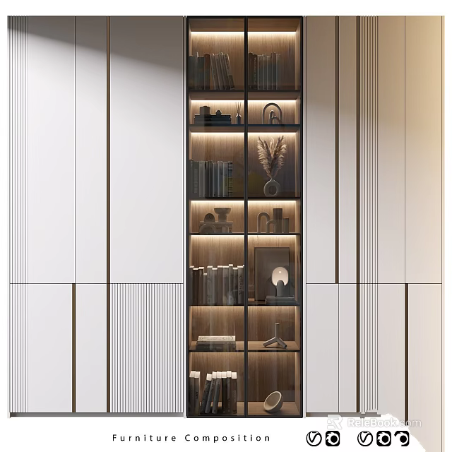 Elegant Contemporary Display Cabinet With Glass Doors Illuminated Shelves And Decorative Items 3d model 