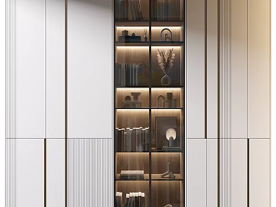Elegant Contemporary Display Cabinet With Glass Doors Illuminated Shelves And Decorative Items 3d model