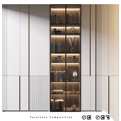 Elegant Contemporary Display Cabinet With Glass Doors Illuminated Shelves And Decorative Items 3d model