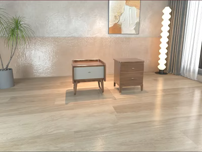 Two Wooden Modern Bedside Tables With Potted Plant Floor Lamp And Wall Art 3d model