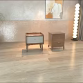 Two Wooden Modern Bedside Tables With Potted Plant Floor Lamp And Wall Art