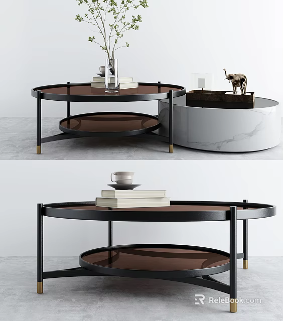 Modern Round Coffee Table With Black Metal Frame Brown Tabletop And Decorative Items 3d model