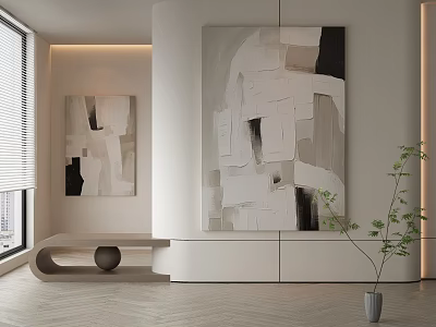 Modern Elegant Living Room With Abstract Paintings Green Plant And Minimalist Design 3d model