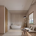 Modern Bathroom Interior with Bathtub Window Mountain View Wooden Cabinet Seating Area Ambient Lighting