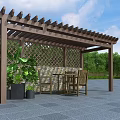 Outdoor Wooden Pergola with Lattice Roof Stone Wall and Garden Table Chairs