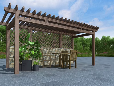 Outdoor Wooden Pergola with Lattice Roof Stone Wall and Garden Table Chairs 3d model