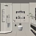 Modern Bathroom Interior With Glass Shower White Toilet Black Shelves And Vanity