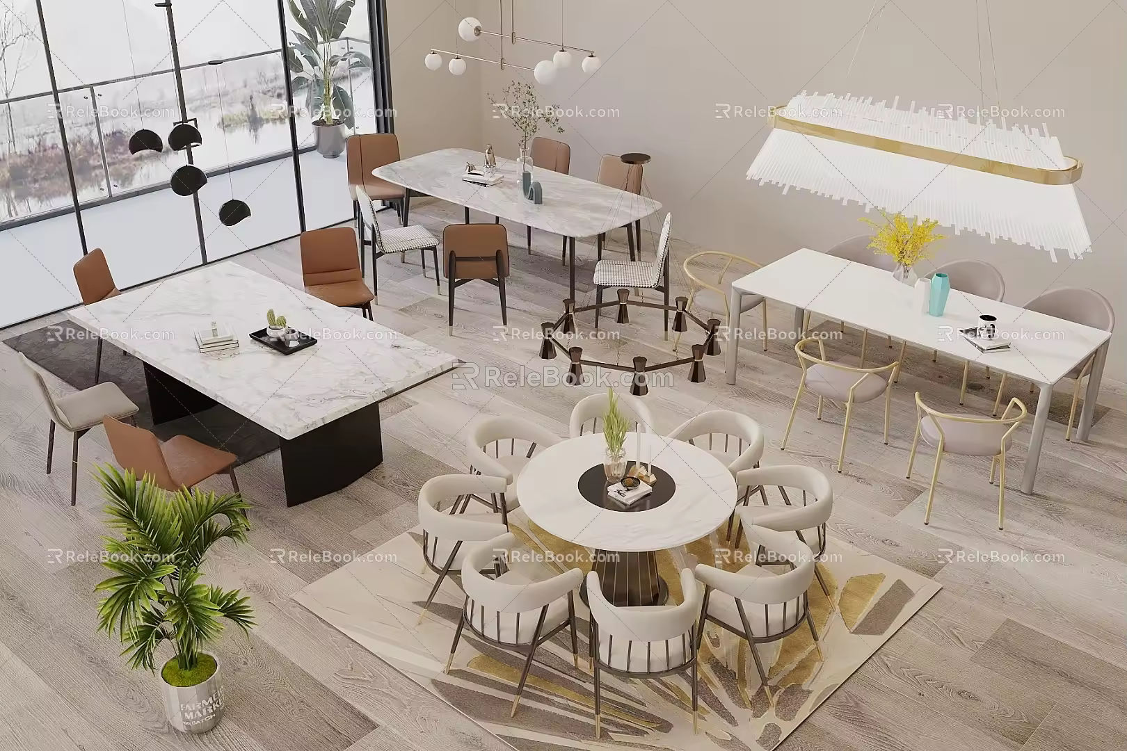 Modern Cream Style Dining Table and Chair Combination Long Table Round Table Dining Table and Chair Combination Restaurant Chandelier 3d model