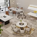 Modern Cream Style Dining Table and Chair Combination Long Table Round Table Dining Table and Chair Combination Restaurant Chandelier 3d model
