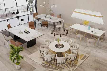Modern Cream Style Dining Table and Chair Combination Long Table Round Table Dining Table and Chair Combination Restaurant Chandelier 3d model