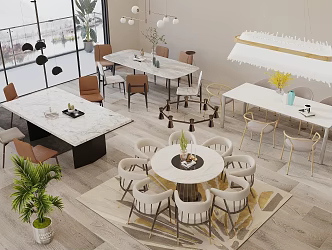 Modern Cream Style Dining Table and Chair Combination Long Table Round Table Dining Table and Chair Combination Restaurant Chandelier 3d model