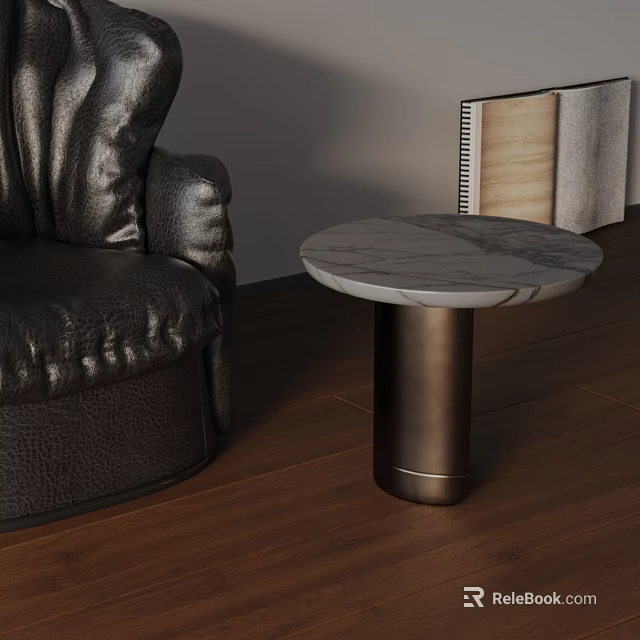 Round Side Table With Marble Top And Brass Metal Base Next To Black Leather Sofa 3d model 