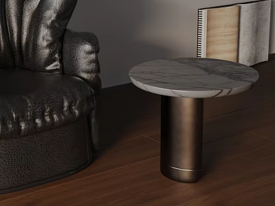 Round Side Table With Marble Top And Brass Metal Base Next To Black Leather Sofa 3d model