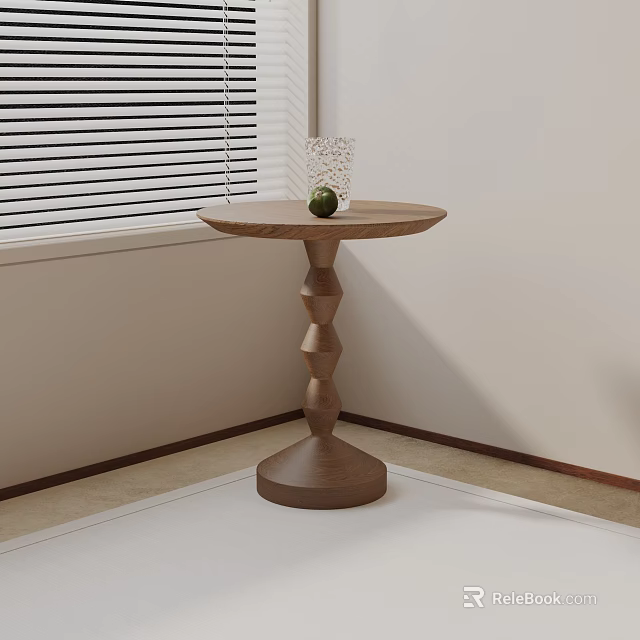Wooden Side Table With Spiral Base Near Window Corner Featuring Vase And Green Fruit 3d model 