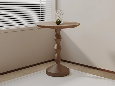 Wooden Side Table With Spiral Base Near Window Corner Featuring Vase And Green Fruit 3d model