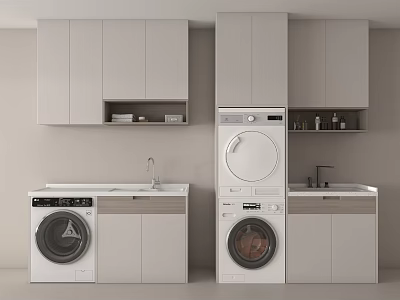 Modern Bathroom Cabinetry With Washing Machines Sinks And Upper Storage Cabinets 3d model