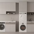 Modern Bathroom Cabinetry With Washing Machines Sinks And Upper Storage Cabinets