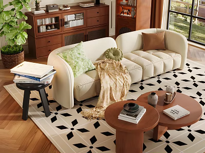 Beige Curved Sofa With Green Brown Cushions And Wooden Round Coffee Table On Geometric Rug 3d model