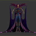 Game Movie Character In Blue Purple Outfit With Purple Cape Ornate Metallic Design Standing Pose