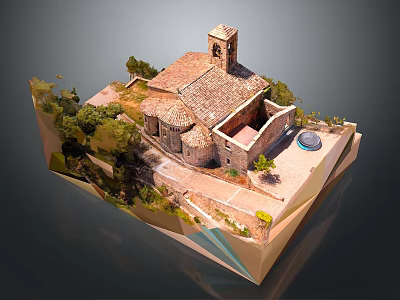 Ancient Stone Building With Tower Tile Roof Arched Windows And Surrounding Trees Round Fountain 3d model