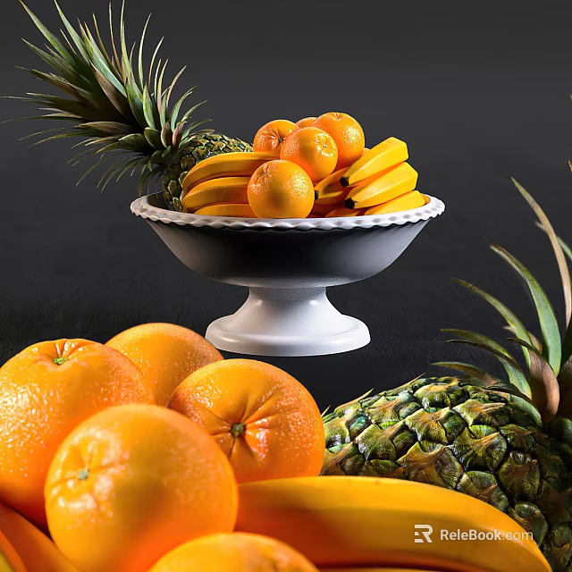 Fresh Pineapple Oranges And Bananas Arranged In White Bowl On Dark Background 3d model 