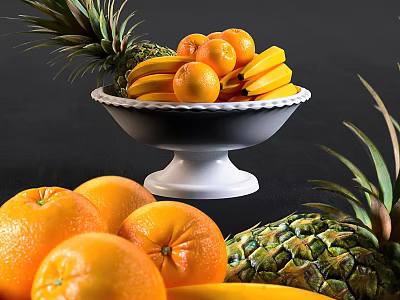 Fresh Pineapple Oranges And Bananas Arranged In White Bowl On Dark Background 3d model