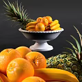 Fresh Pineapple Oranges And Bananas Arranged In White Bowl On Dark Background