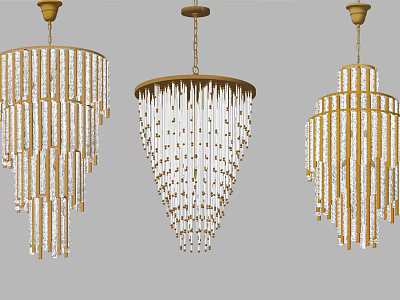 Three Gold Beaded Chandeliers With Hanging Crystal Strings For Interior Design 3d model