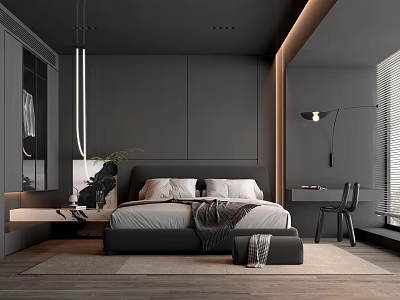 Modern Bedroom Interior With Dark Walls Minimalist Bed Pendant Light And Area Rug 3d model