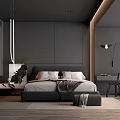 Modern Bedroom Interior With Dark Walls Minimalist Bed Pendant Light And Area Rug