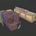 Wooden Storage Crates Stacked With Planks Hand Cart And Canvas Cover
