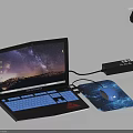 Modern Laptop Setup With Mouse Mouse Pad Power Adapter And Starry Sky Mountain Wallpaper