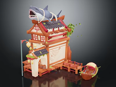Cartoon Scene with Traditional Chinese Building Shark on Roof Small Boat and Green Plants 3d model