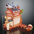Cartoon Scene with Traditional Chinese Building Shark on Roof Small Boat and Green Plants