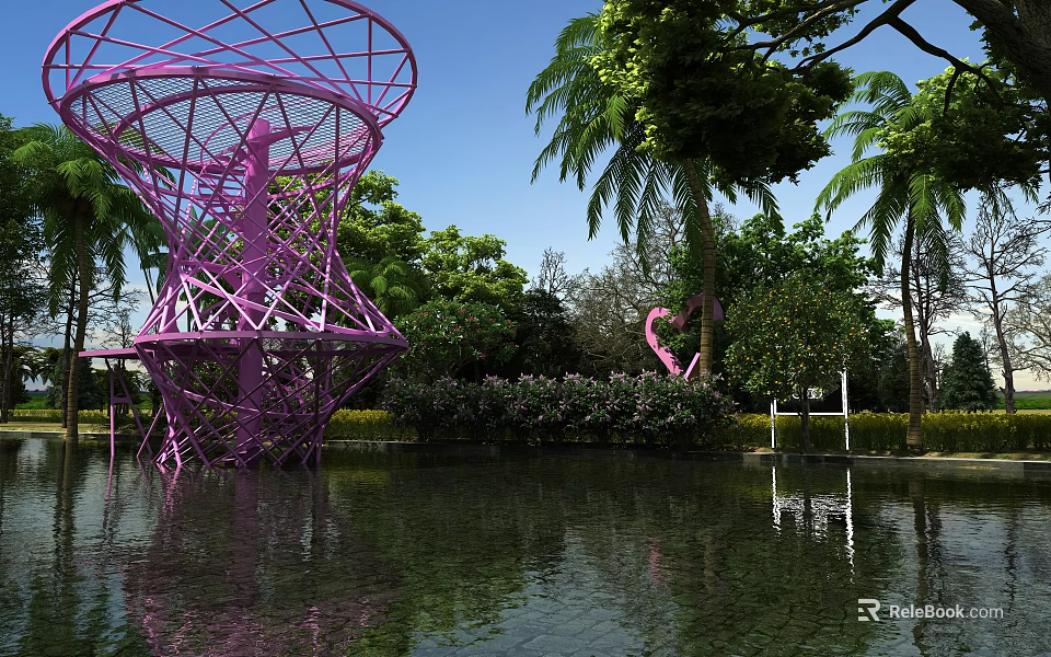 Scenic Park Landscape With Purple Metal Sculpture Green Trees And Pond Reflection Blue Sky 3d model 
