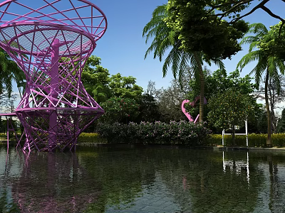 Scenic Park Landscape With Purple Metal Sculpture Green Trees And Pond Reflection Blue Sky 3d model