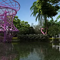 Scenic Park Landscape With Purple Metal Sculpture Green Trees And Pond Reflection Blue Sky