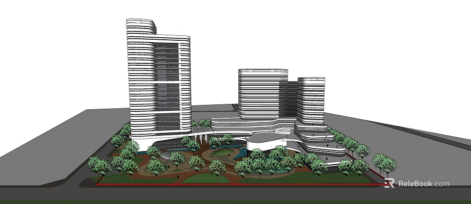 Modern Hotel Building With Multiple Tall Structures Landscaped Courtyard And Greenery 3d model