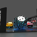 Modern Car Exhibition Booth Featuring White And Yellow Cars With Display Screens And Circuit Lines