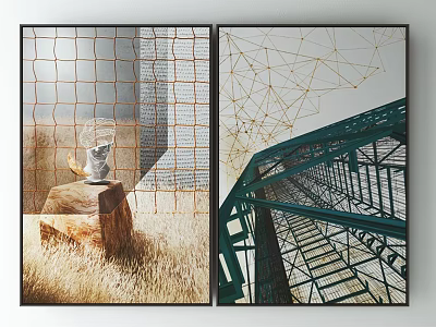 Modern Decorative Wall Art With Grid Pattern Natural Elements And Metal Staircase 3d model